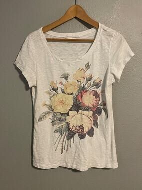 Peruvian Connection T-Shirt Womens M White Floral Graphic Scoop Neck Cotton Art